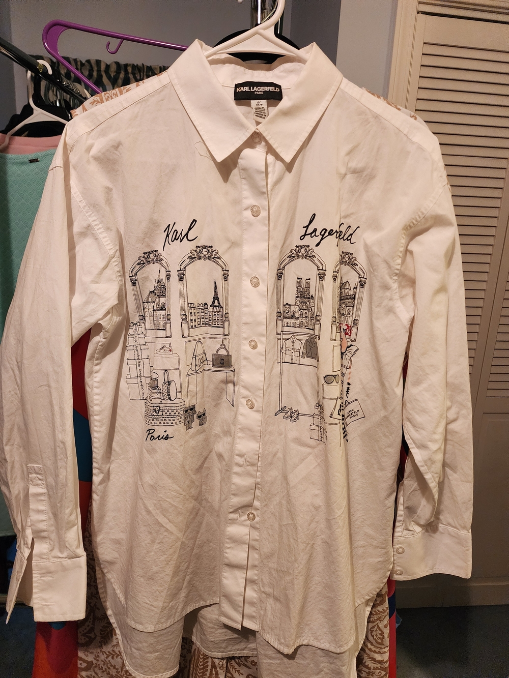 Karl Lagerfeld Cream Illustrated Paris Cotton Button-Down Shirt